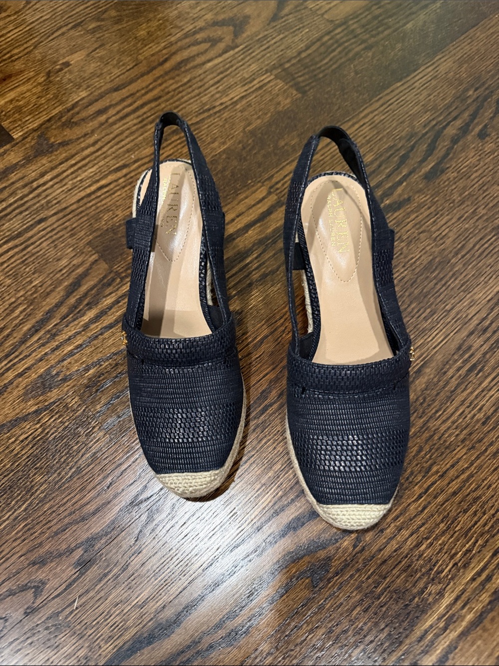 Ralph Lauren Black Woven Slingback Espadrille Wedges